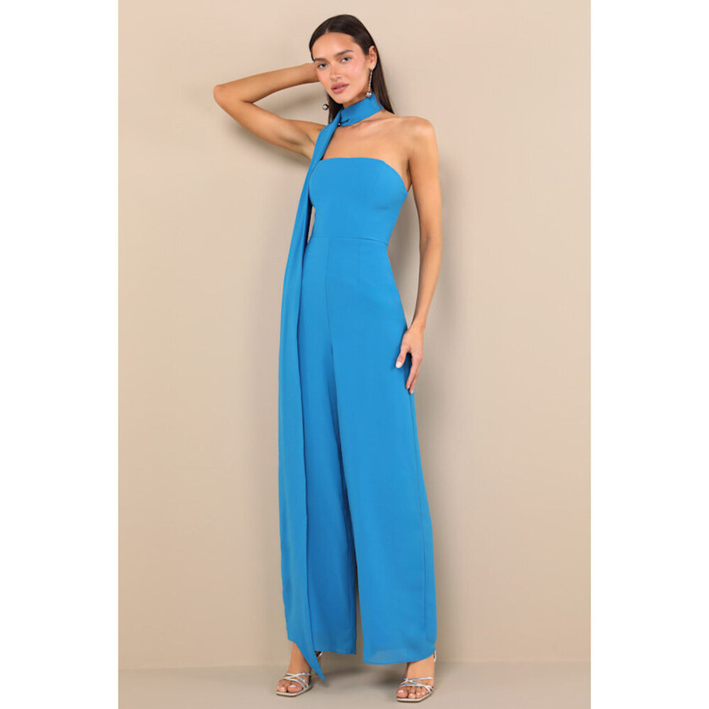 NWT Lulus Kavina Bright Blue Wide-leg Jumpsuit And Scarf Set - Size L
